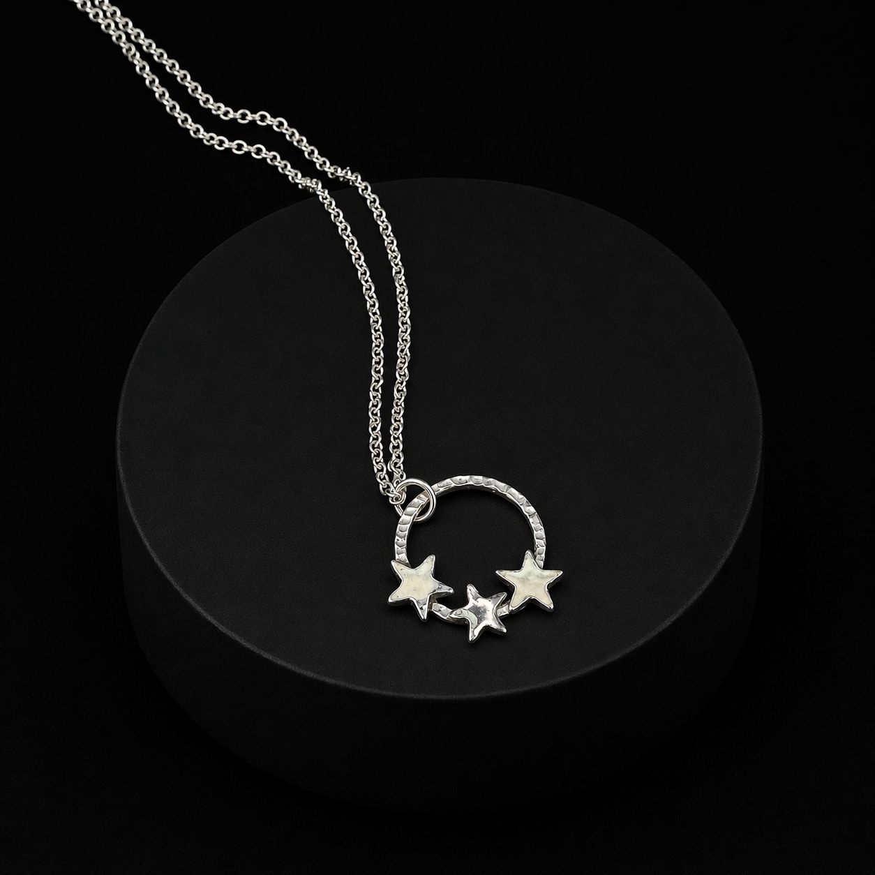 Silver Open Circle and Stars Necklace