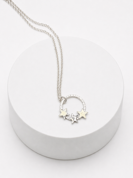 Silver Open Circle and Stars Necklace