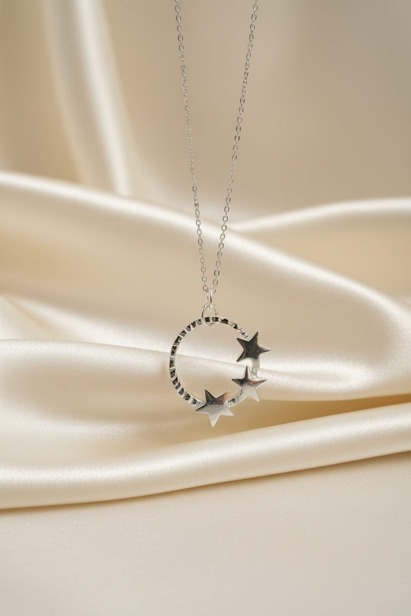 Silver Open Circle and Stars Necklace